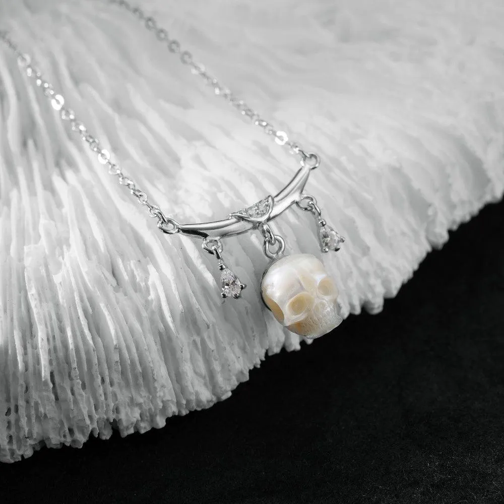 12 Zodiac Signs Libra Pearl Skull CZ Necklace