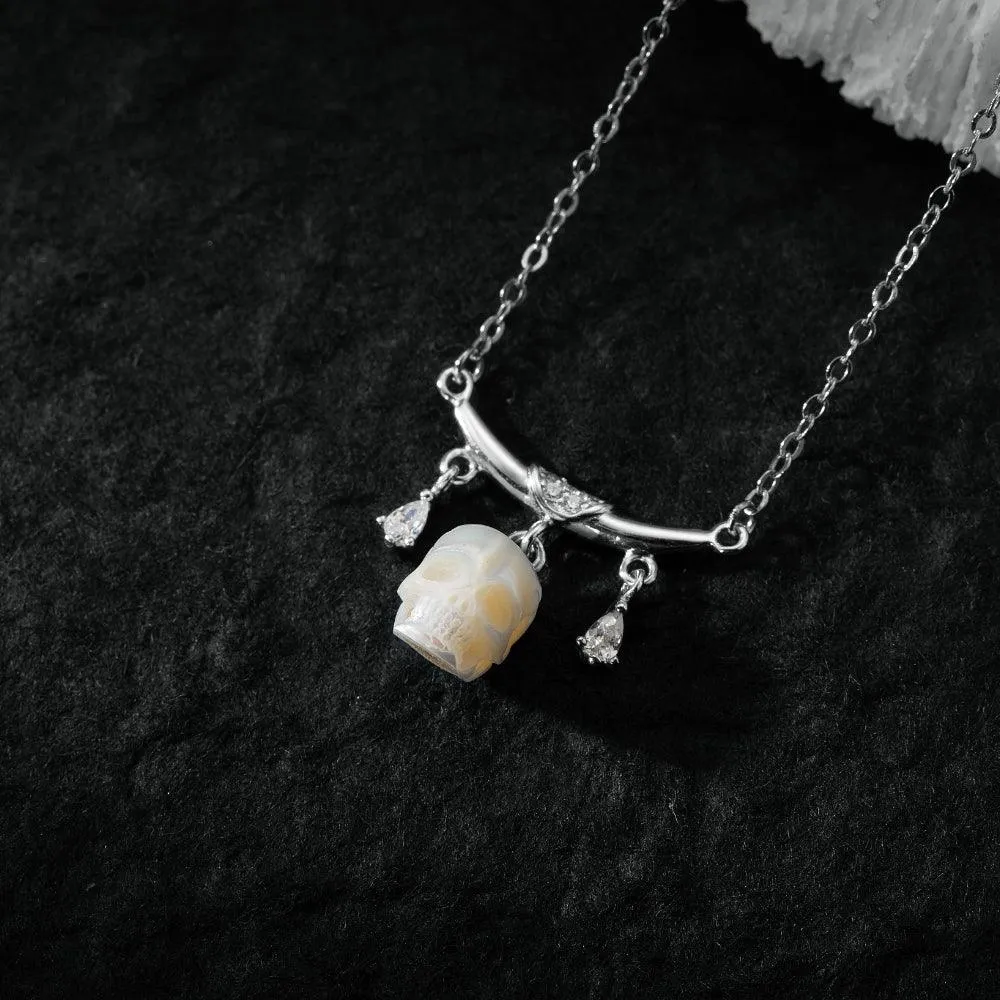 12 Zodiac Signs Libra Pearl Skull CZ Necklace
