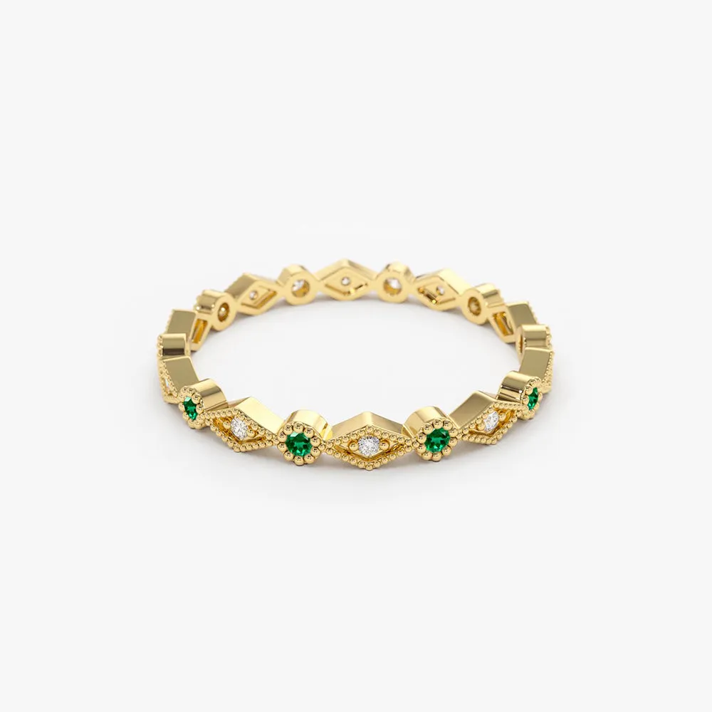 14k Gold Emerald Art Deco Wedding Band