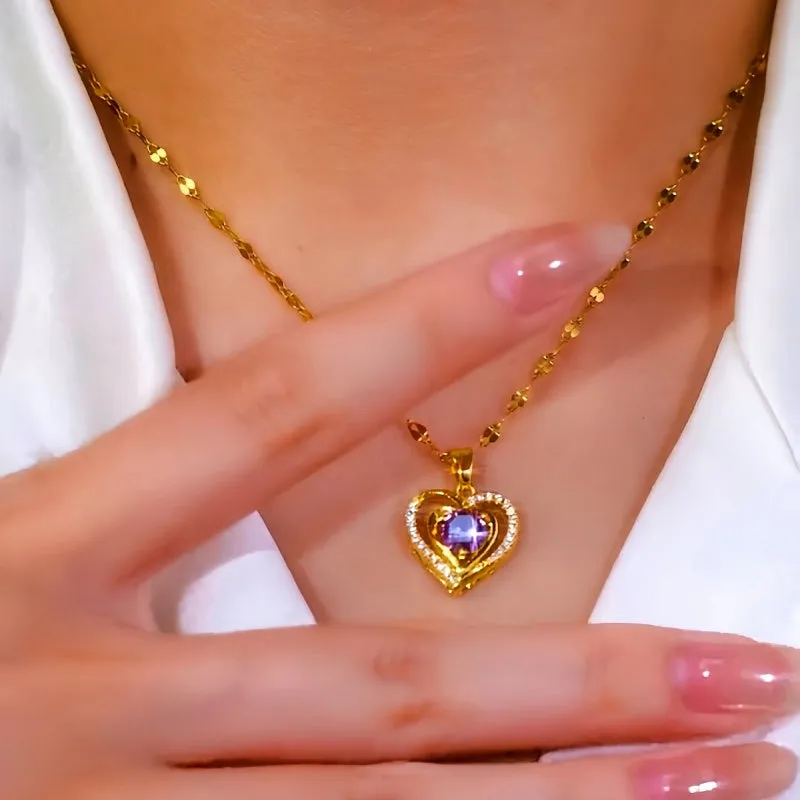 14K Gold Plated Luxury Purple Diamond Ocean Heart Necklaces