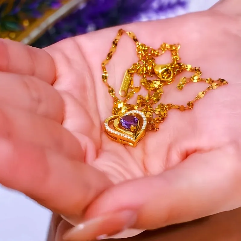 14K Gold Plated Luxury Purple Diamond Ocean Heart Necklaces