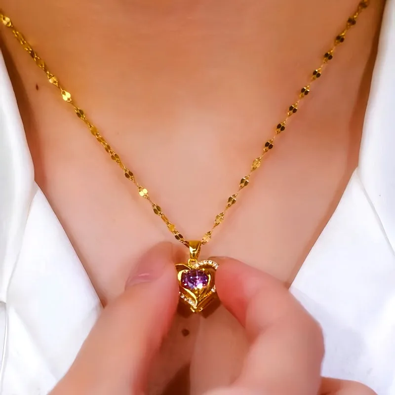 14K Gold Plated Luxury Purple Diamond Ocean Heart Necklaces