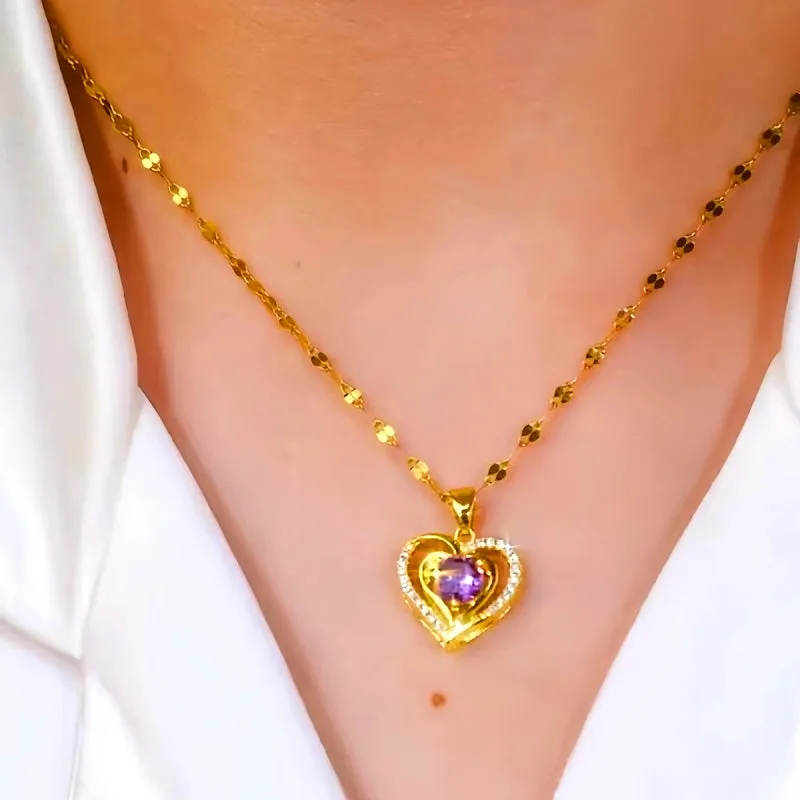 14K Gold Plated Luxury Purple Diamond Ocean Heart Necklaces