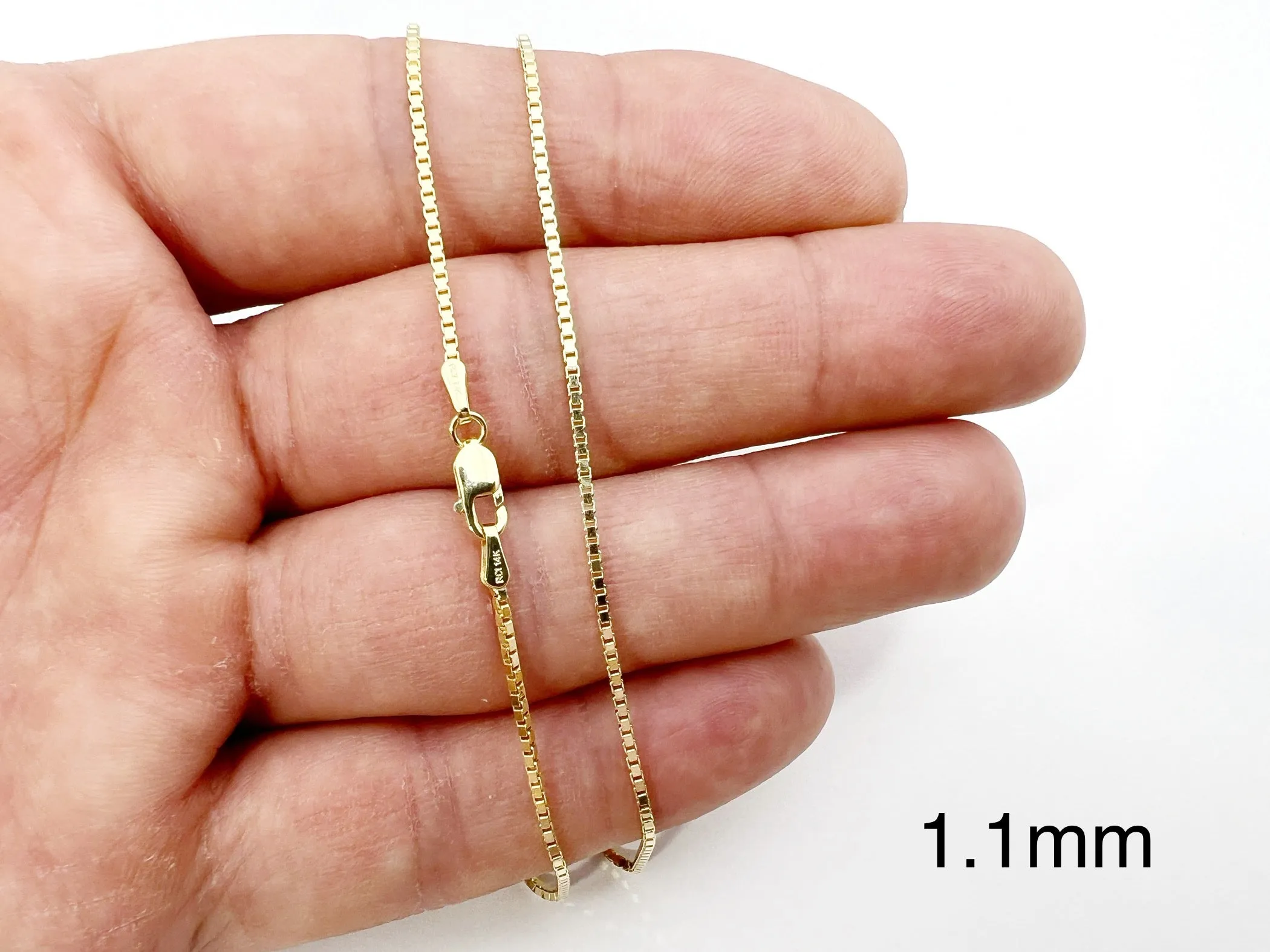 14K Solid Yellow Gold Shiny Box Chain Necklace 16" 18" 20" 22" 24" - 0.6mm, 0.7mm, 0.8mm, 1.0mm, 1.1mm - suitable for Pendant / Charm