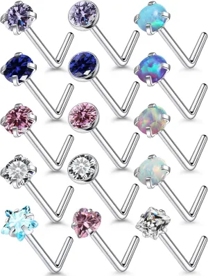 15 Pcs 18G 20G Surgical Steel Nose Rings Studs for Women Opal Nose Rings Diamond CZ Nose Studs L Shaped Nose Nostril Piercing Jewelry Hypoallergenic