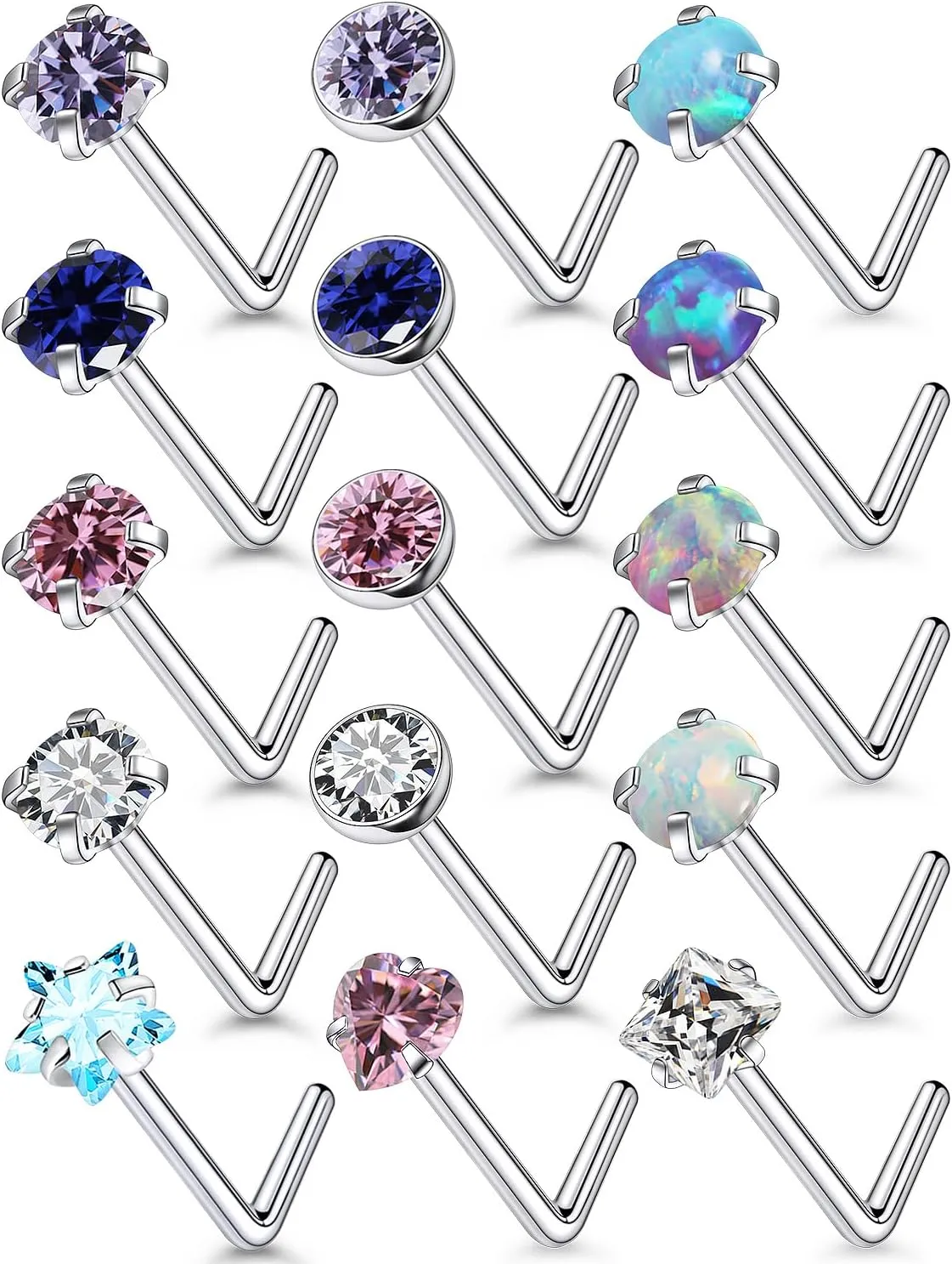 15 Pcs 18G 20G Surgical Steel Nose Rings Studs for Women Opal Nose Rings Diamond CZ Nose Studs L Shaped Nose Nostril Piercing Jewelry Hypoallergenic