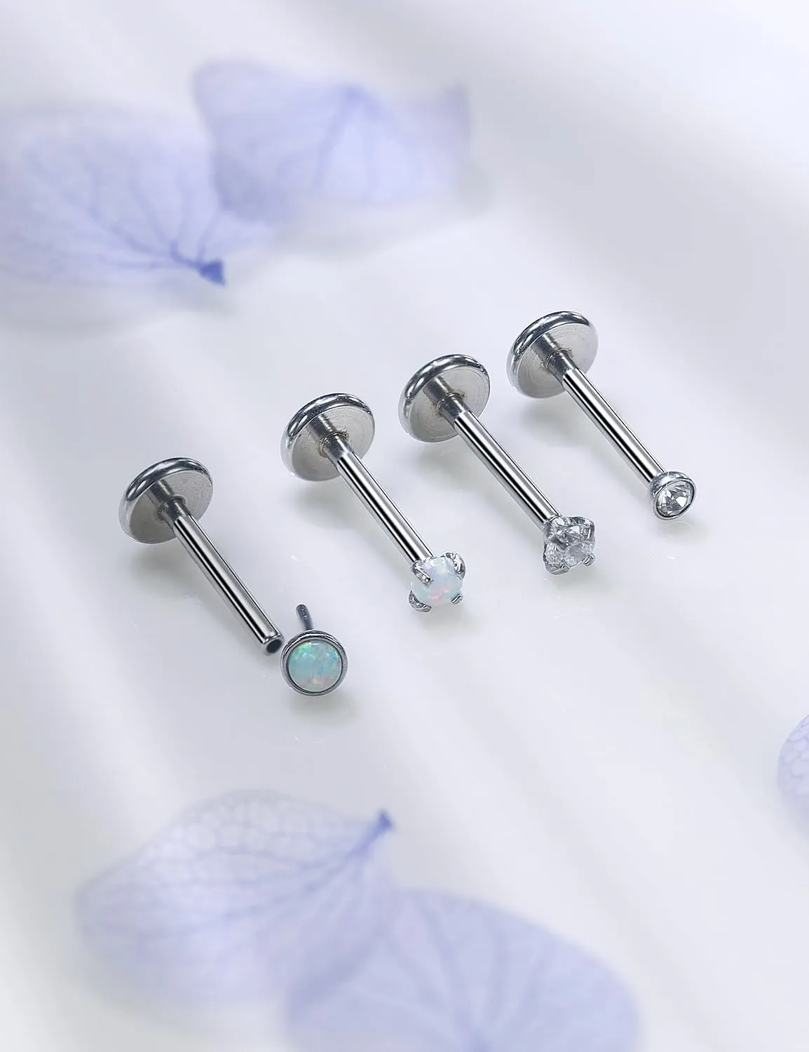 16G 18G 20G Threadless Flat Back Nose Ring Studs Earrings 316L Surgical Steel Tragus Helix Cartilage Earrings Medusa Labret Lip Rings Piercing Jewelry For Women Men Opal CZ 2mm 3mm