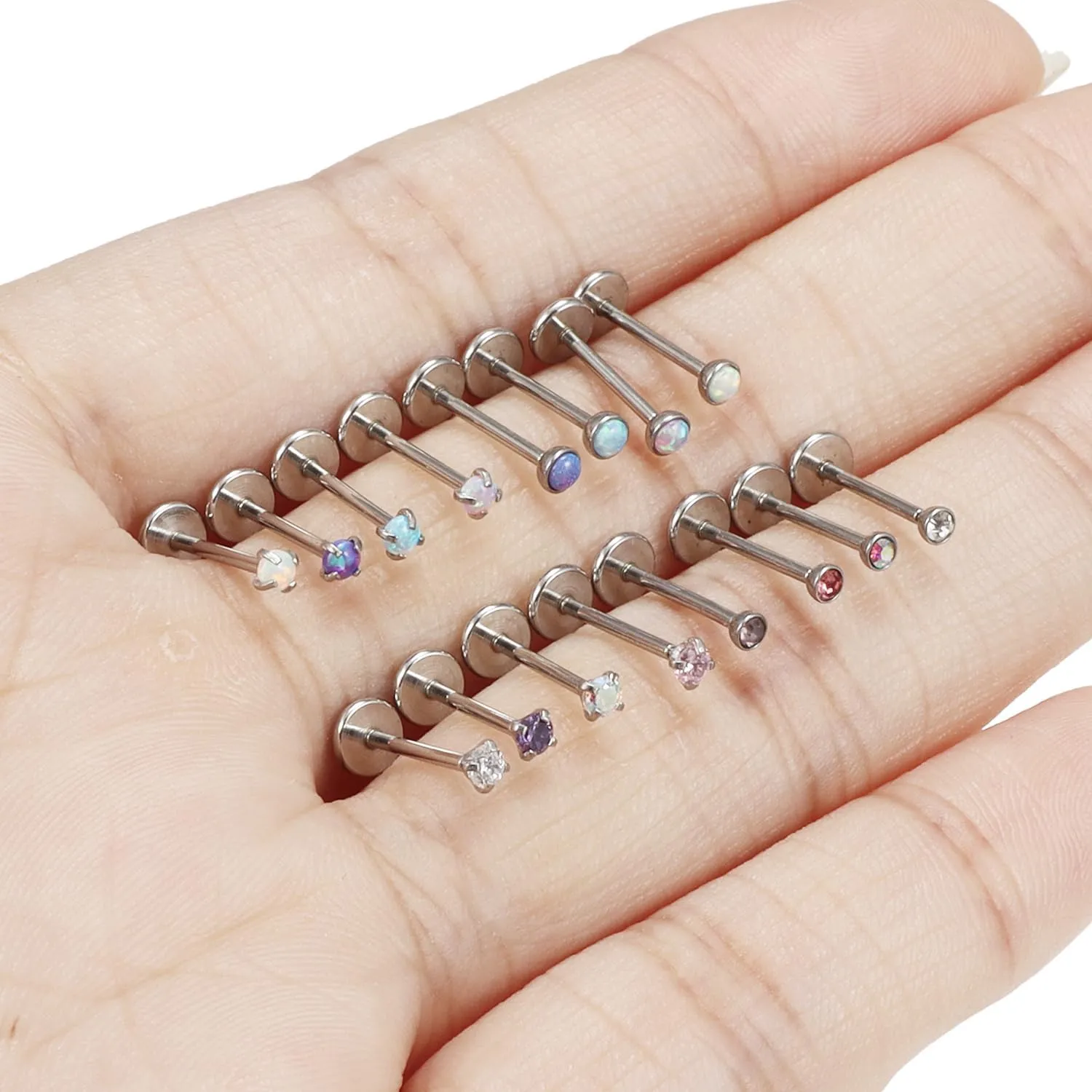 16G 18G 20G Threadless Flat Back Nose Ring Studs Earrings 316L Surgical Steel Tragus Helix Cartilage Earrings Medusa Labret Lip Rings Piercing Jewelry For Women Men Opal CZ 2mm 3mm