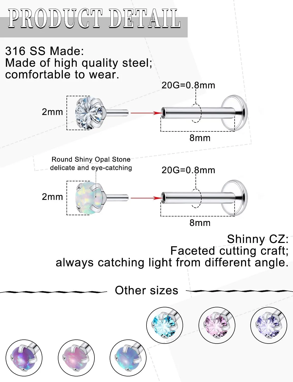 16G 18G 20G Threadless Flat Back Nose Ring Studs Earrings 316L Surgical Steel Tragus Helix Cartilage Earrings Medusa Labret Lip Rings Piercing Jewelry For Women Men Opal CZ 2mm 3mm