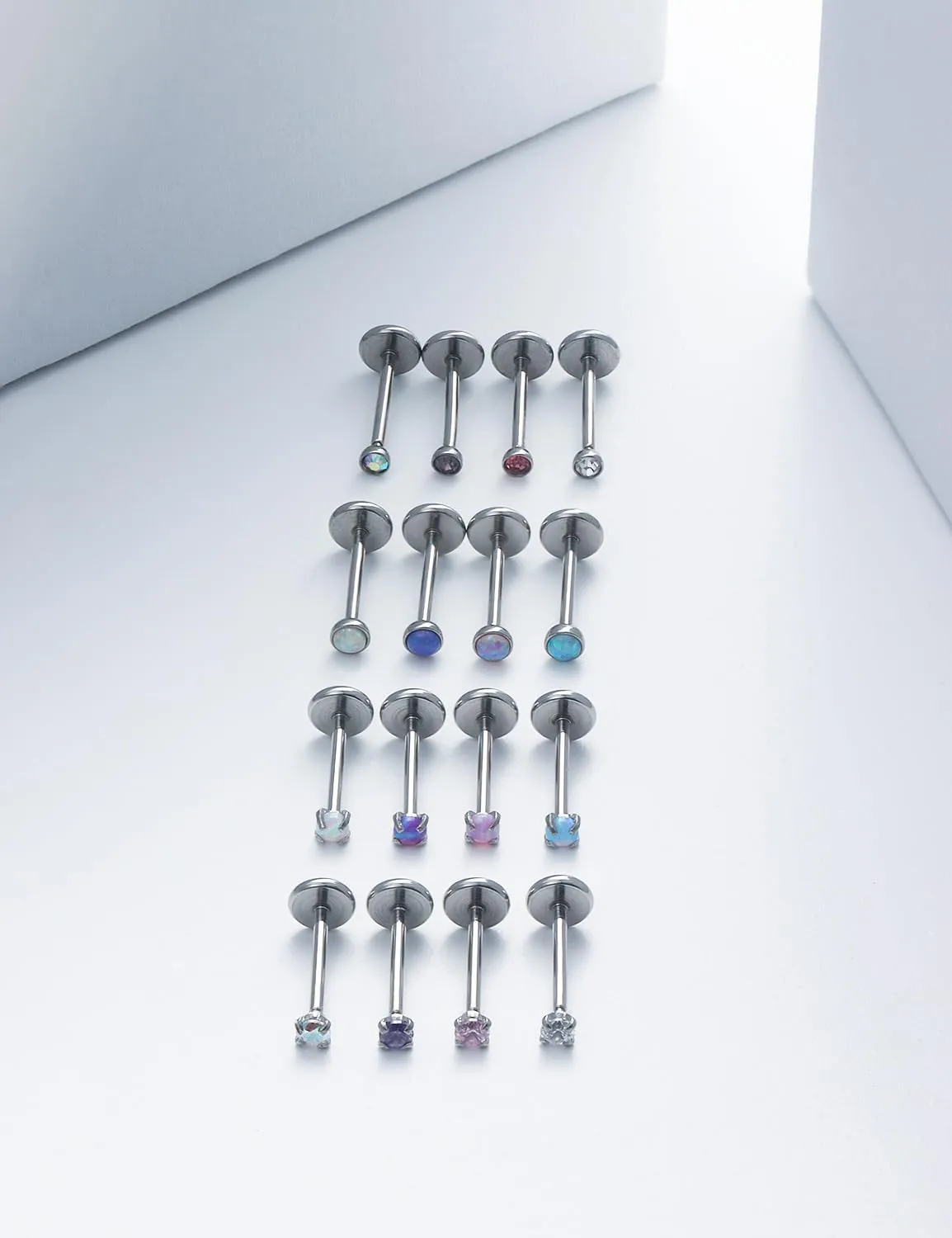 16G 18G 20G Threadless Flat Back Nose Ring Studs Earrings 316L Surgical Steel Tragus Helix Cartilage Earrings Medusa Labret Lip Rings Piercing Jewelry For Women Men Opal CZ 2mm 3mm