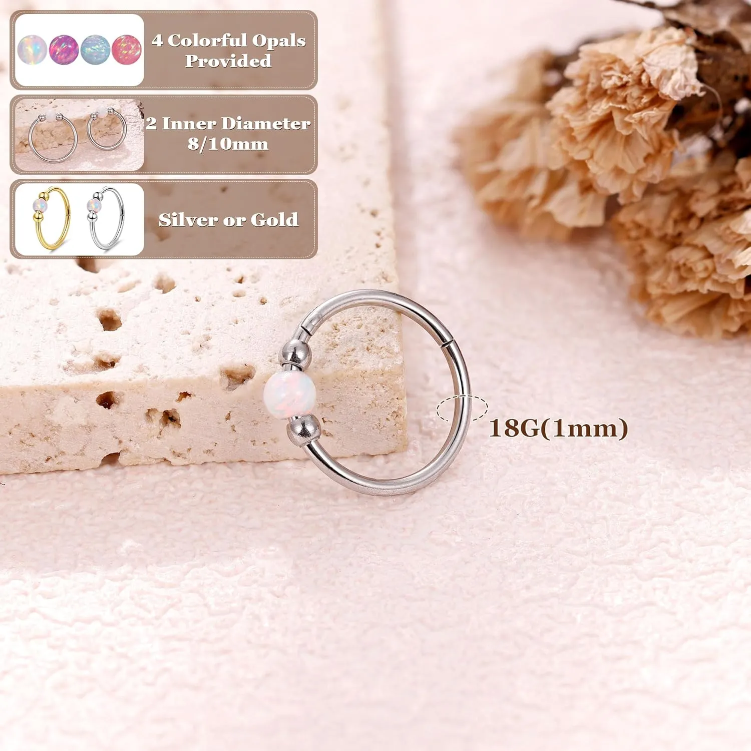 18G Surgical Steel Opal Nose Rings Hoops for Women Hinged Seamless Nose Hoops Helix Cartilage Tragus Hoop Rings Septum Clicker Ring Nose Piercing Jewelry 8mm/10mm