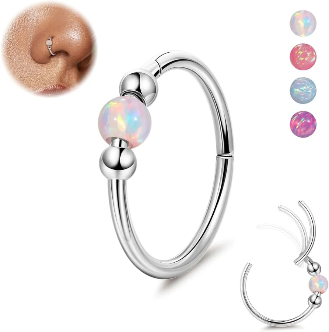 18G Surgical Steel Opal Nose Rings Hoops for Women Hinged Seamless Nose Hoops Helix Cartilage Tragus Hoop Rings Septum Clicker Ring Nose Piercing Jewelry 8mm/10mm