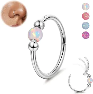 18G Surgical Steel Opal Nose Rings Hoops for Women Hinged Seamless Nose Hoops Helix Cartilage Tragus Hoop Rings Septum Clicker Ring Nose Piercing Jewelry 8mm/10mm