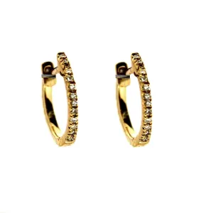 18K Solid Yellow Gold Diamonds Hinged Hoop Huggie Earrings 10mm