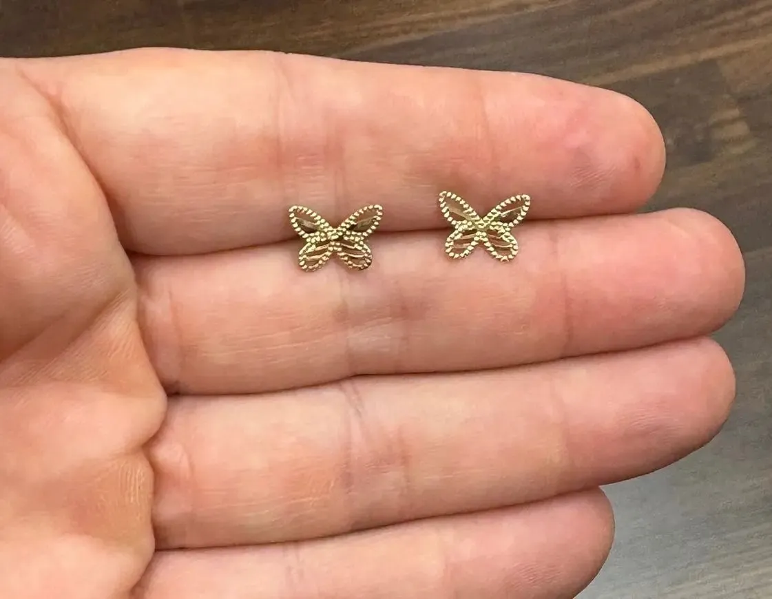 18K Solid Yellow Gold open Butterfly Post Earrings 
