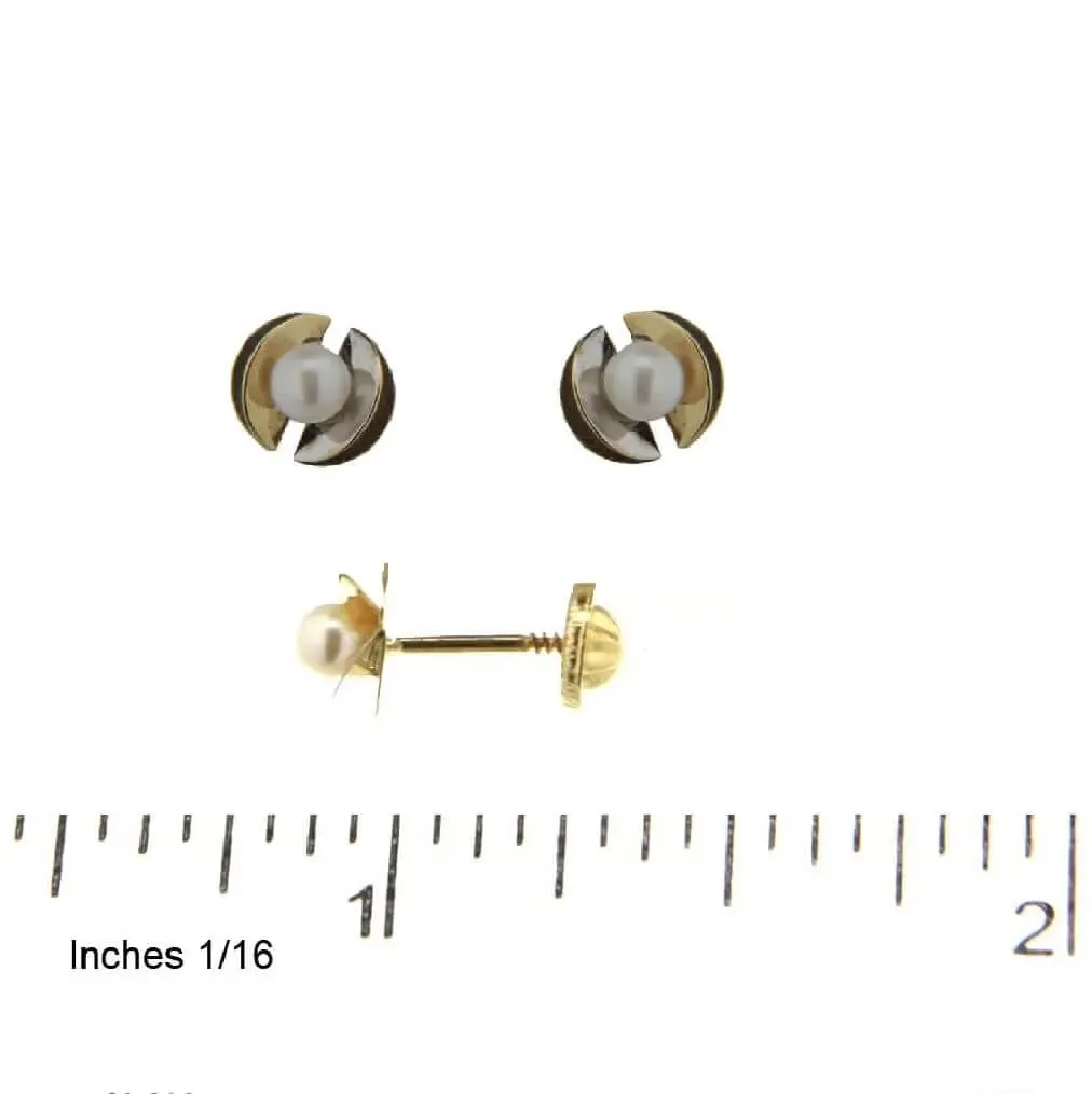18K Two Tone open Circle and Pearl Screwback Earrings