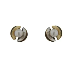 18K Two Tone open Circle and Pearl Screwback Earrings