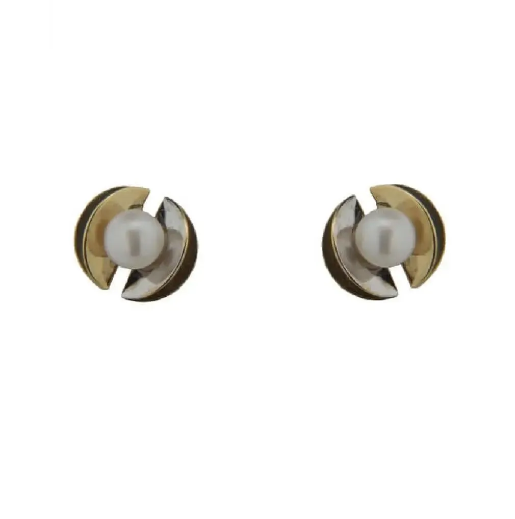 18K Two Tone open Circle and Pearl Screwback Earrings