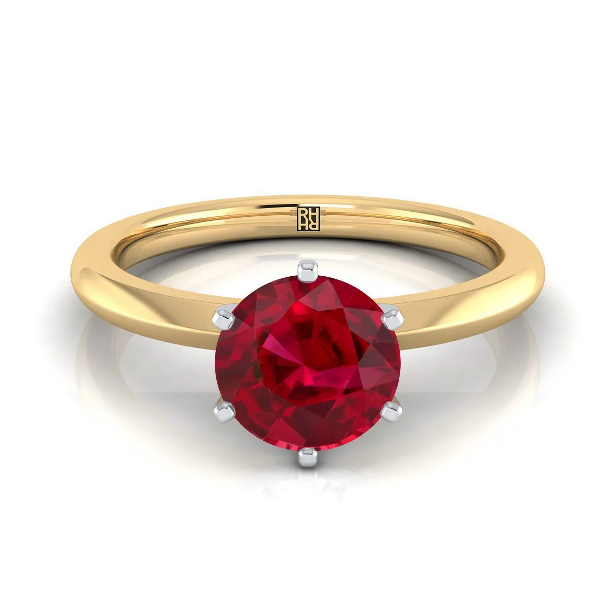 18K Yellow Gold Round Brilliant Ruby Pinched Comfort Fit Claw Prong Solitaire Engagement Ring