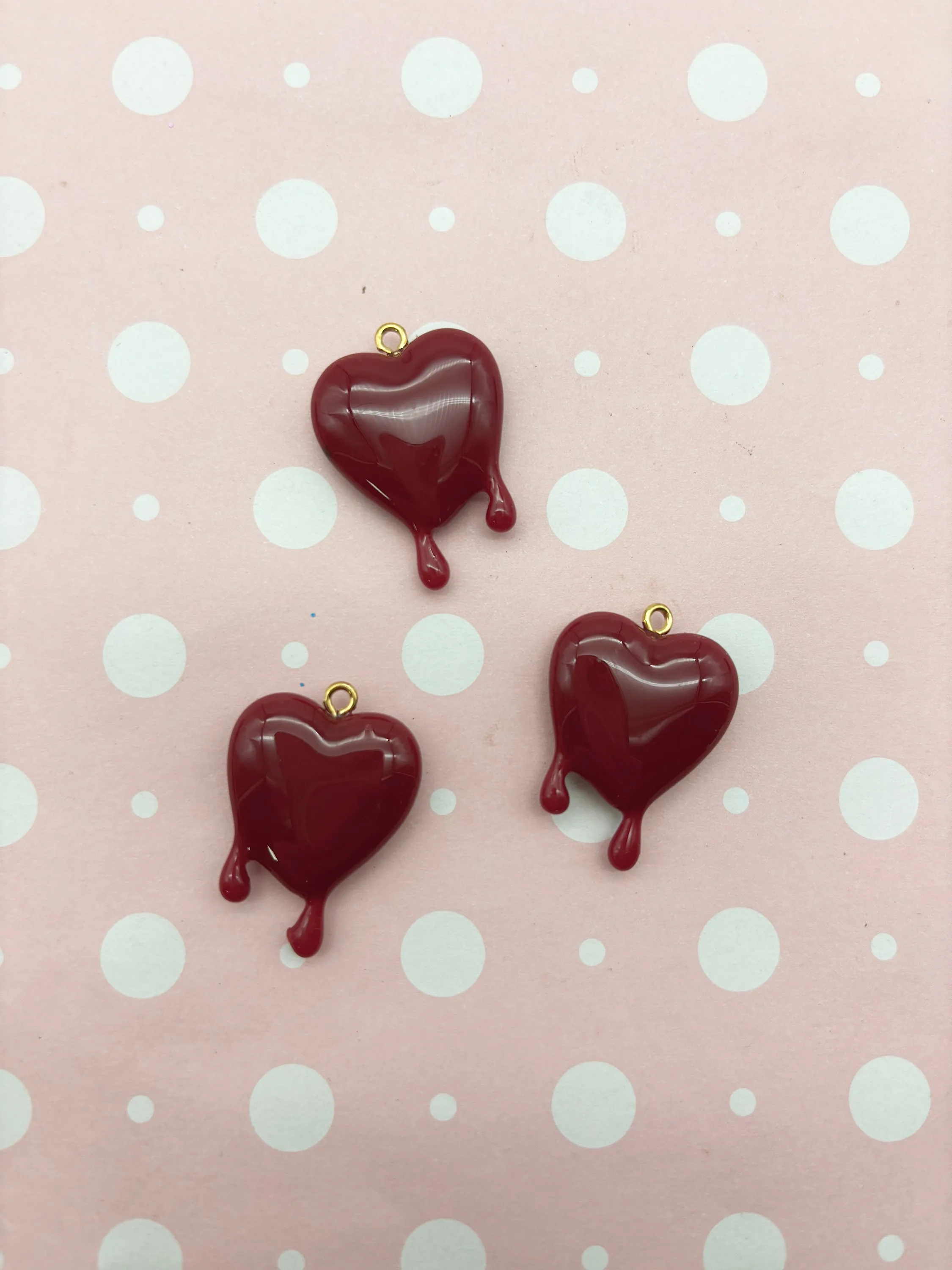2 Dark Red Drippy or Melting Heart Charms, Hard Resin Valentines Pendants, L411