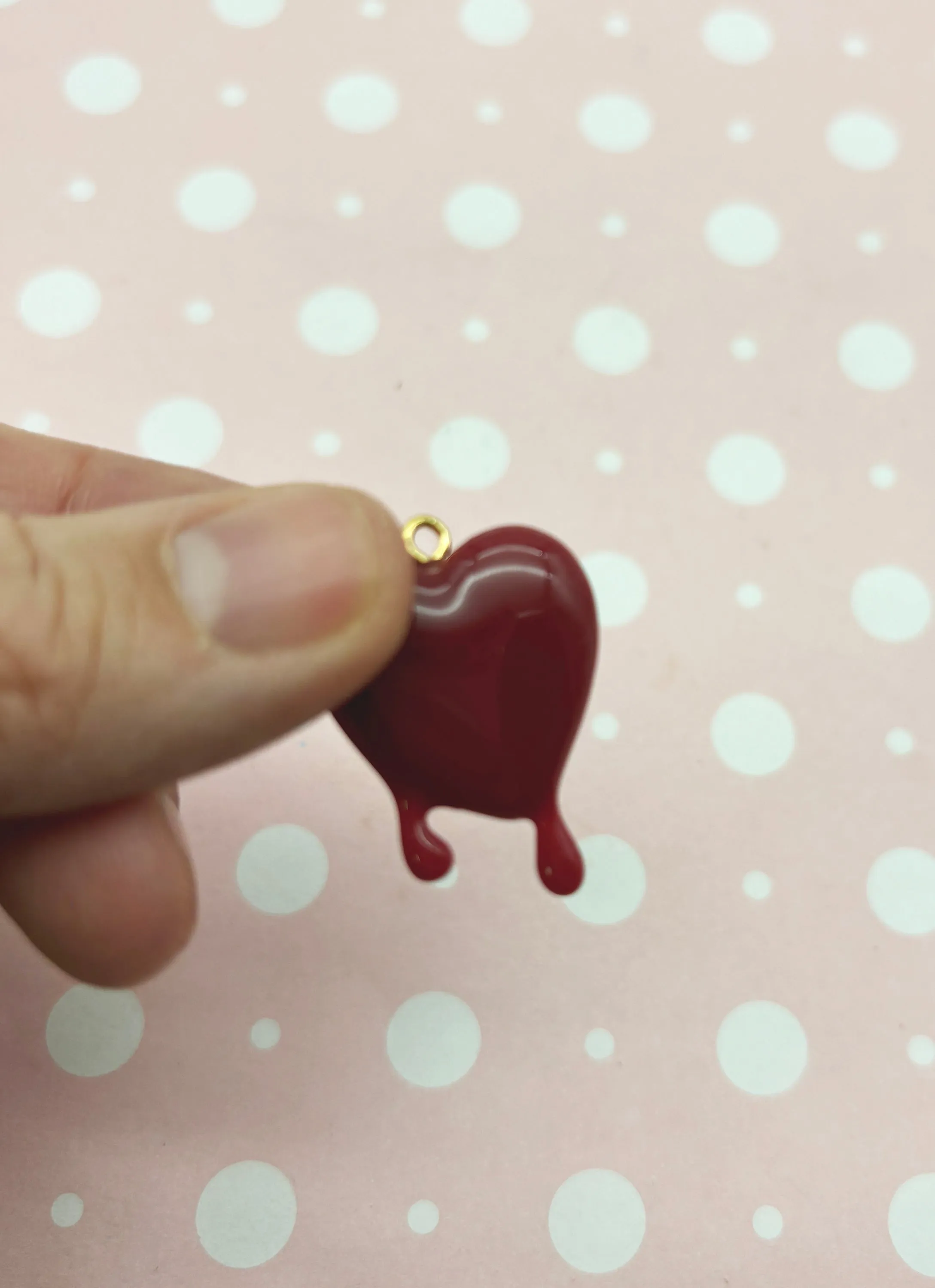 2 Dark Red Drippy or Melting Heart Charms, Hard Resin Valentines Pendants, L411