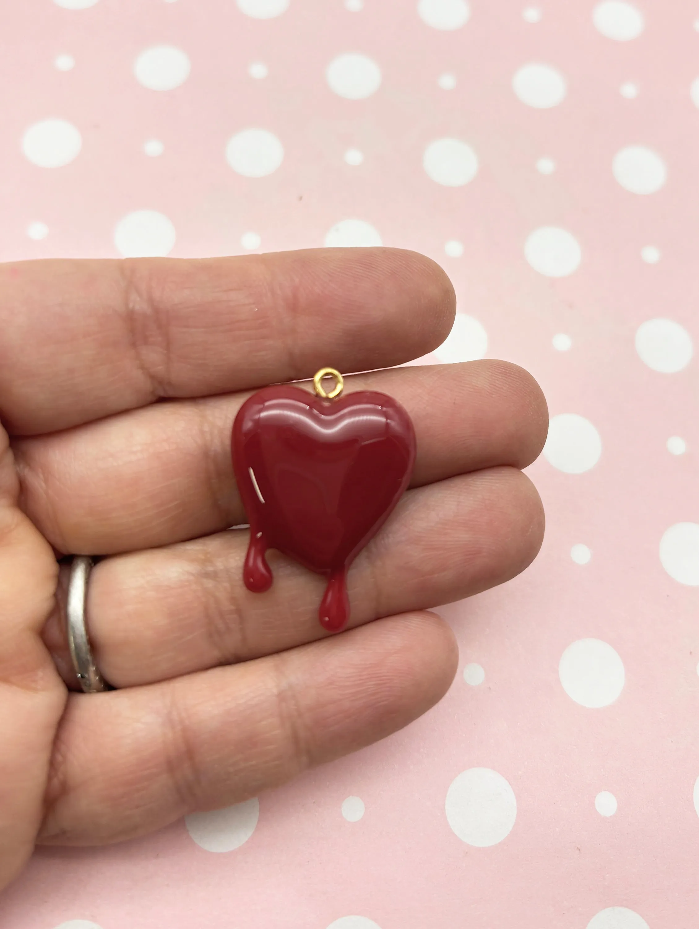 2 Dark Red Drippy or Melting Heart Charms, Hard Resin Valentines Pendants, L411
