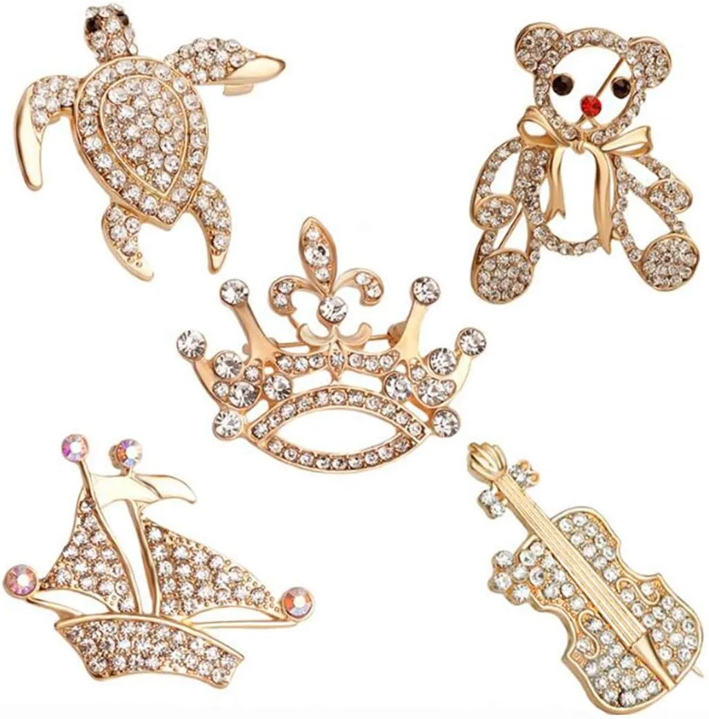 2019 Cute Brooches Pin Alloy Lady Girls Turtle Guitar Sailboat Bear Crown brooches Gold
