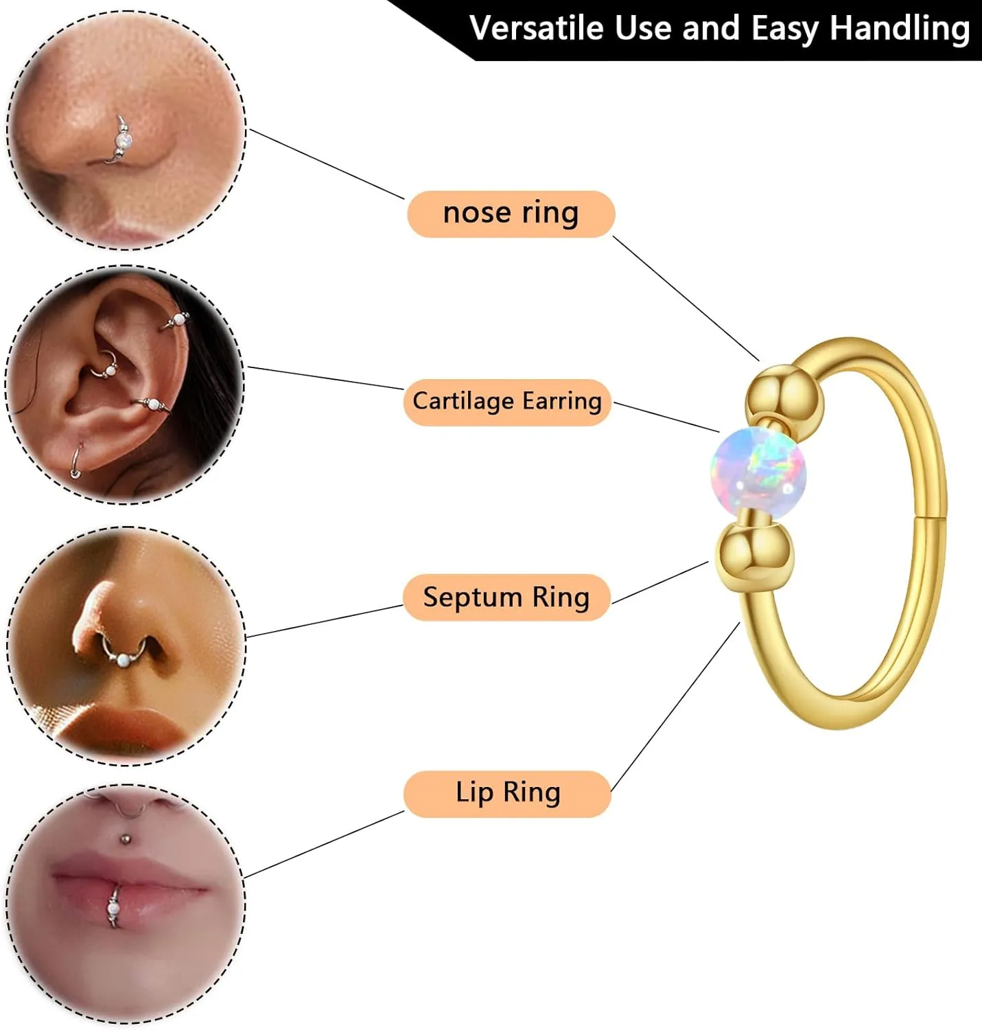 2PCS 18g Opal Nose Rings for Women Nose Hoops 8mm/10mm 316L Surgical Steel Nose Rings Piercing Jewelry Can Be Used as a Nose Ring, Septum Ring, and Cartilage Earring