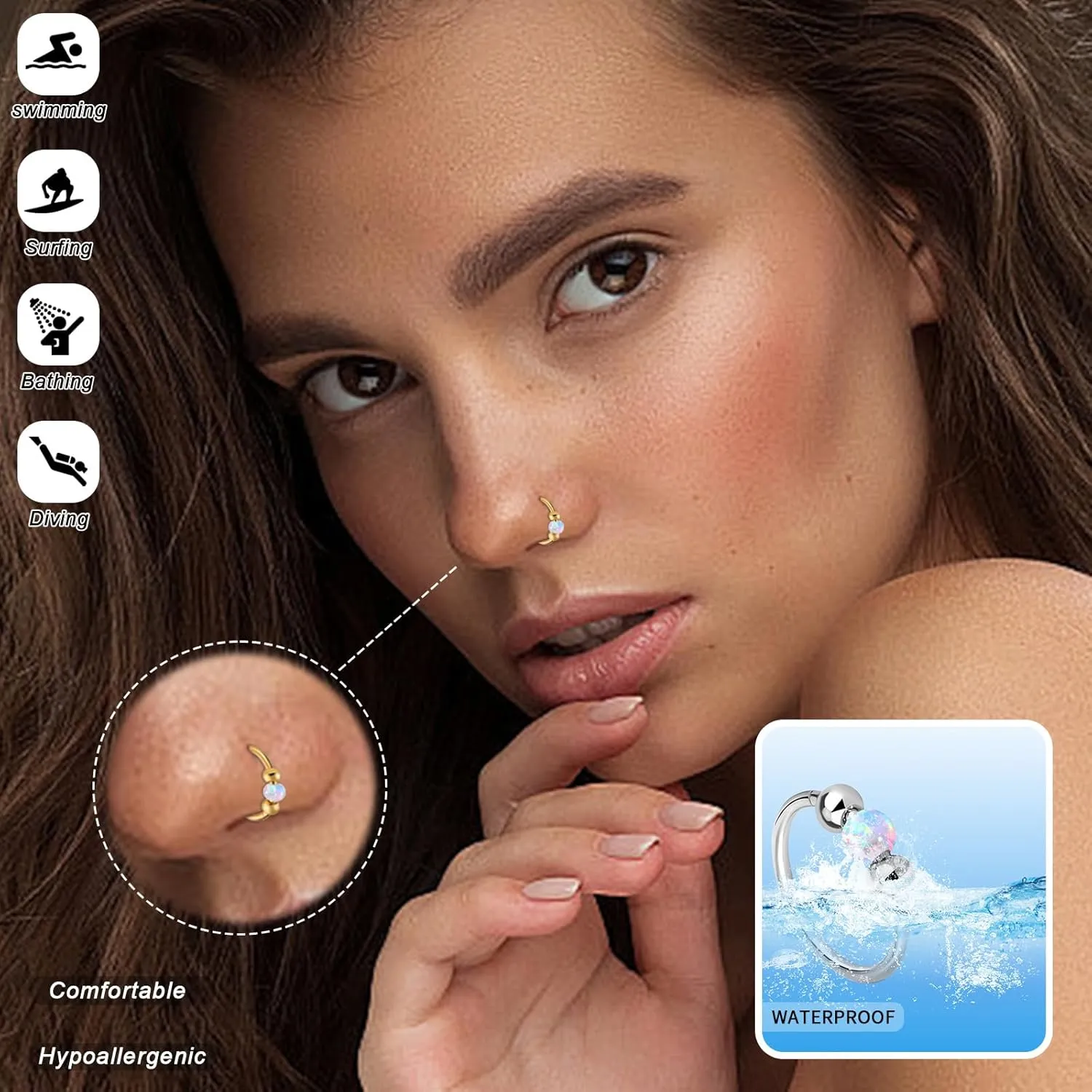 2PCS 18g Opal Nose Rings for Women Nose Hoops 8mm/10mm 316L Surgical Steel Nose Rings Piercing Jewelry Can Be Used as a Nose Ring, Septum Ring, and Cartilage Earring