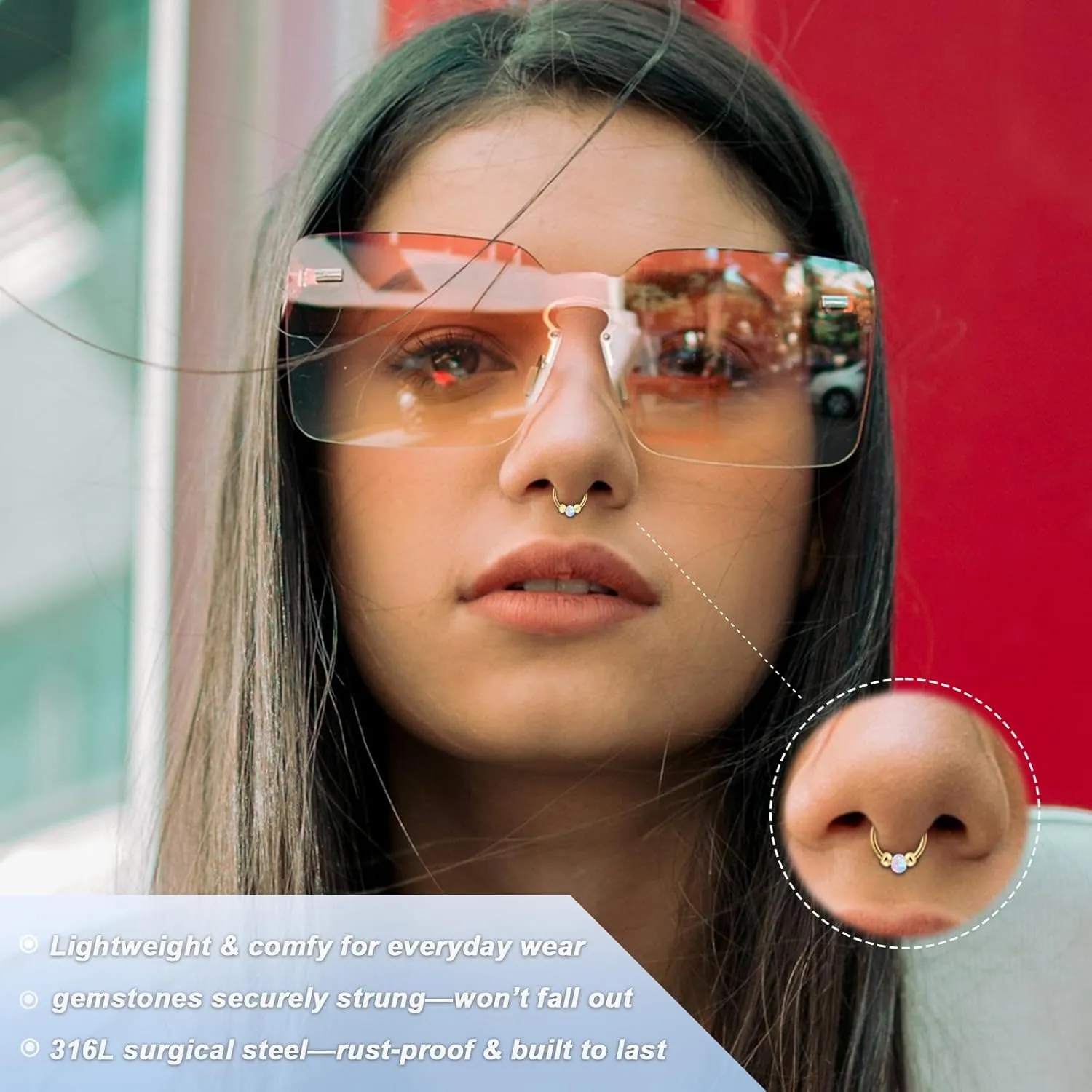 2PCS 18g Opal Nose Rings for Women Nose Hoops 8mm/10mm 316L Surgical Steel Nose Rings Piercing Jewelry Can Be Used as a Nose Ring, Septum Ring, and Cartilage Earring