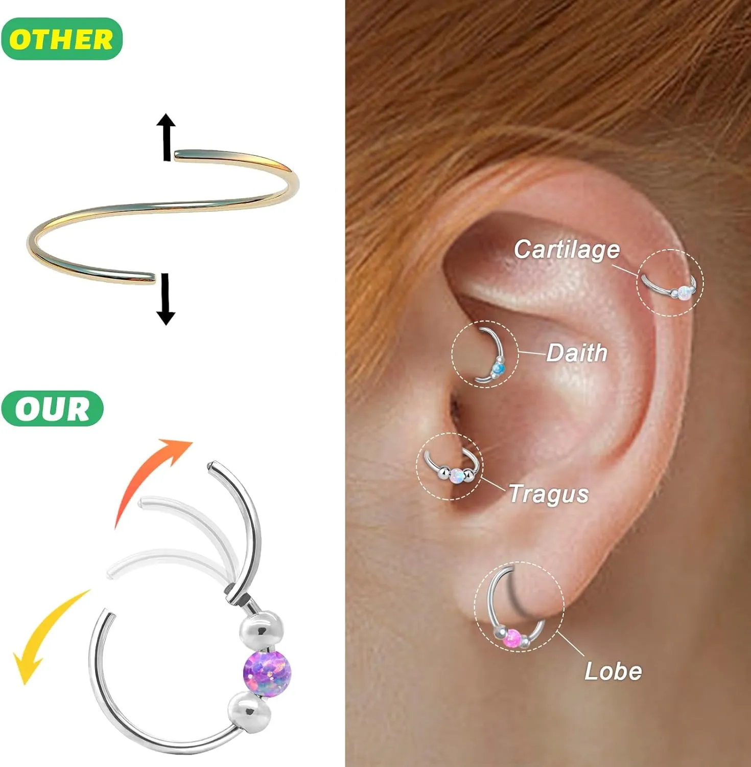 2PCS 18g Opal Nose Rings for Women Nose Hoops 8mm/10mm 316L Surgical Steel Nose Rings Piercing Jewelry Can Be Used as a Nose Ring, Septum Ring, and Cartilage Earring