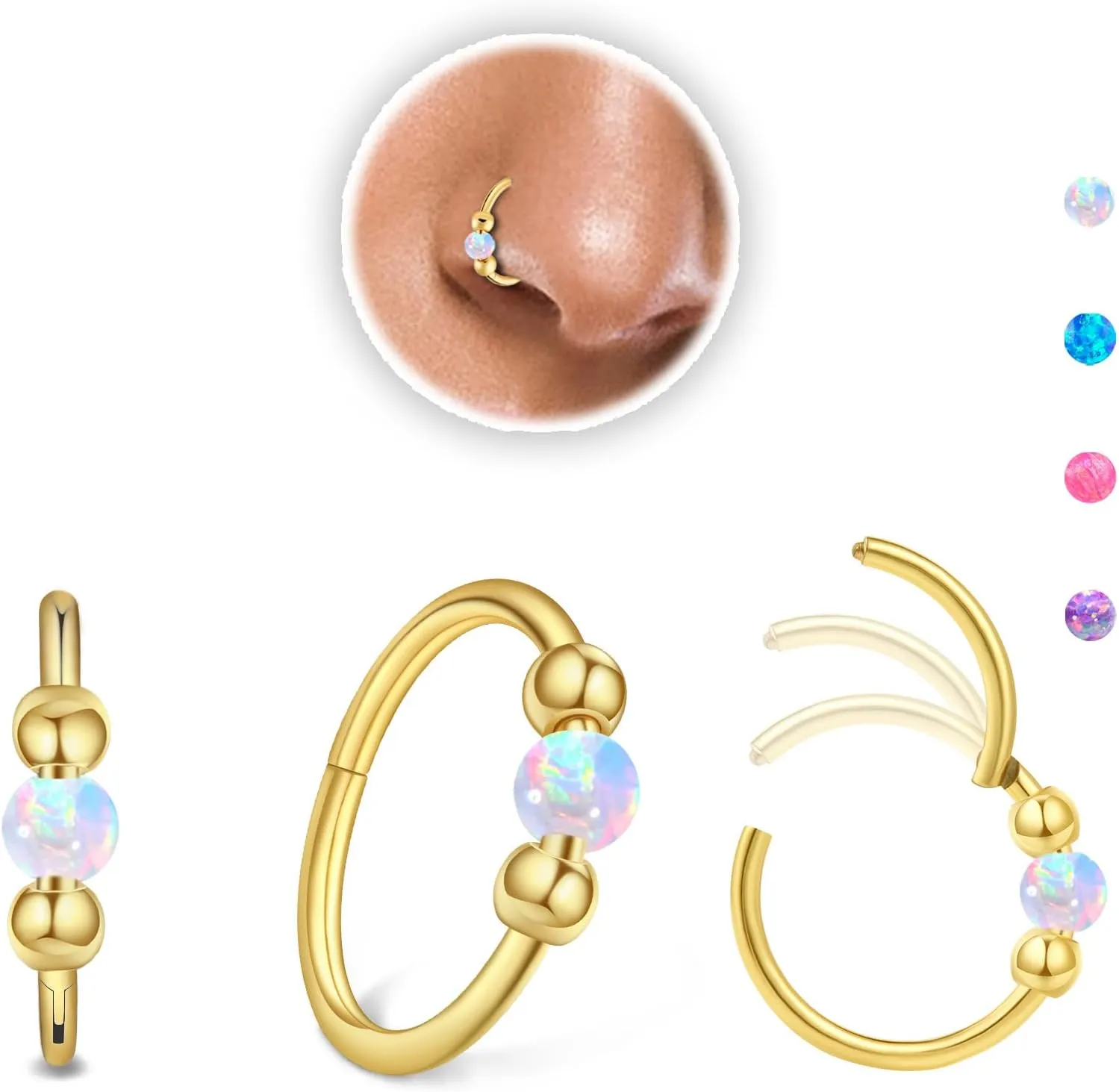 2PCS 18g Opal Nose Rings for Women Nose Hoops 8mm/10mm 316L Surgical Steel Nose Rings Piercing Jewelry Can Be Used as a Nose Ring, Septum Ring, and Cartilage Earring