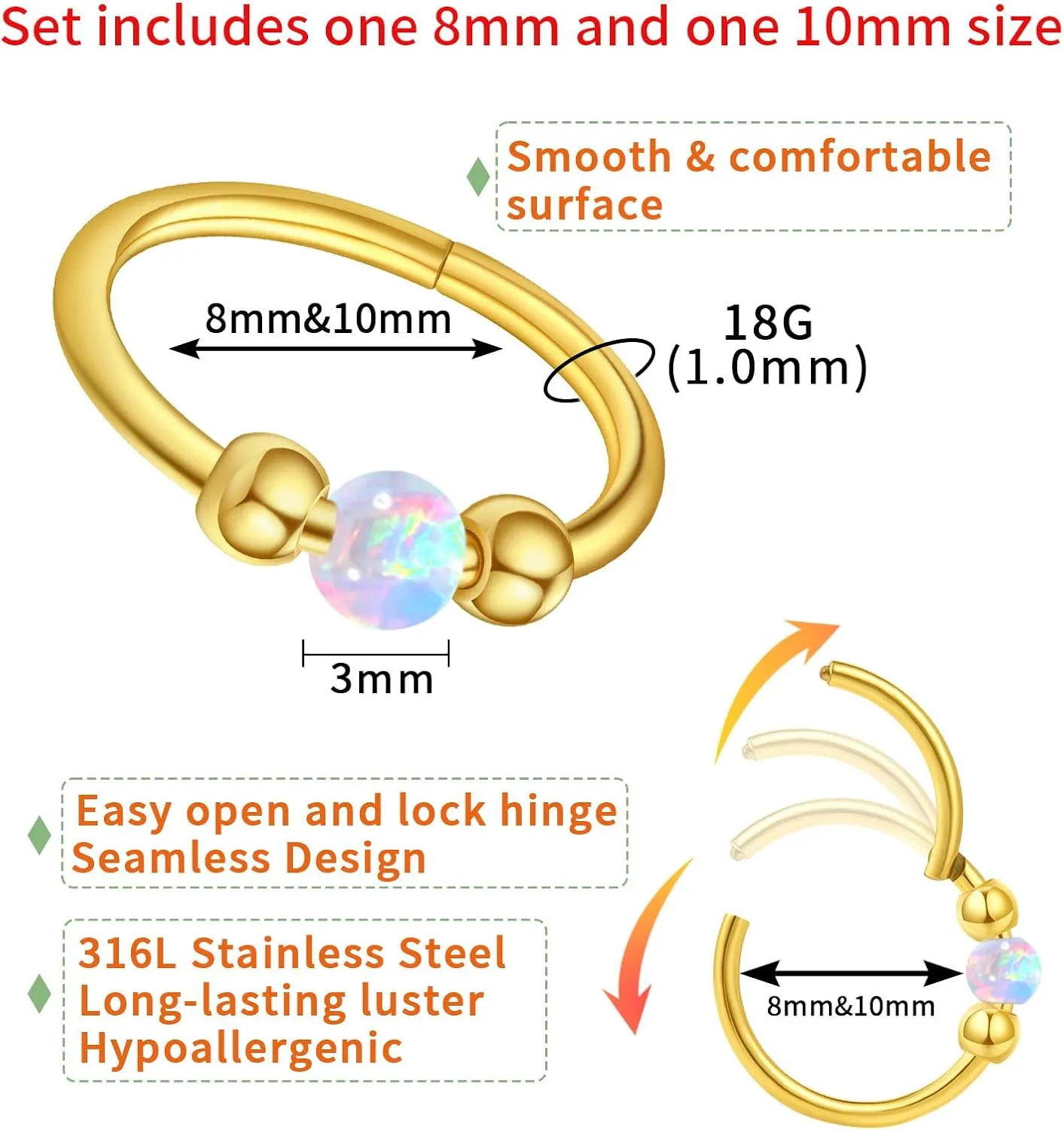 2PCS 18g Opal Nose Rings for Women Nose Hoops 8mm/10mm 316L Surgical Steel Nose Rings Piercing Jewelry Can Be Used as a Nose Ring, Septum Ring, and Cartilage Earring
