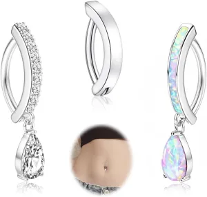 3pcs 14G Dangle Belly Button Ring for Women 316L Surgical Steel Navel Rings Cubic Zirconia Opal Body Piercing Jewelry