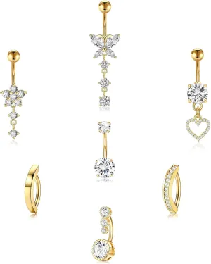 7Pcs Plated Belly Button Ring Surgical Stainless Steel Belly Rings CZ Heart Butterfly Bow Opal Designs for Women Navel Piercings Pack, Silver/Gold
