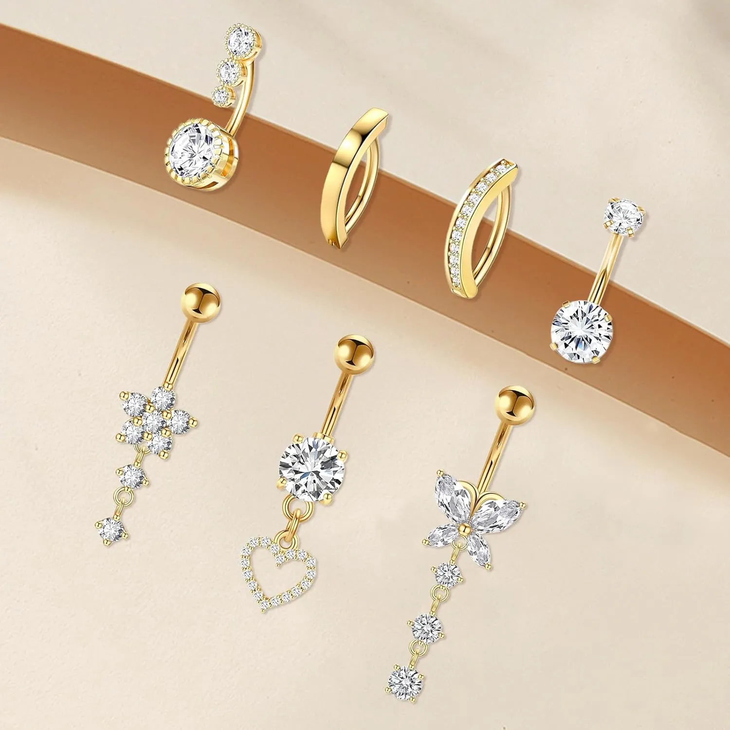 7Pcs Plated Belly Button Ring Surgical Stainless Steel Belly Rings CZ Heart Butterfly Bow Opal Designs for Women Navel Piercings Pack, Silver/Gold
