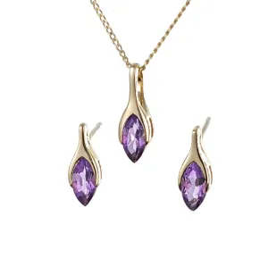 9ct Gold Set Amethyst Pendant Earrings Minimalist Marquise