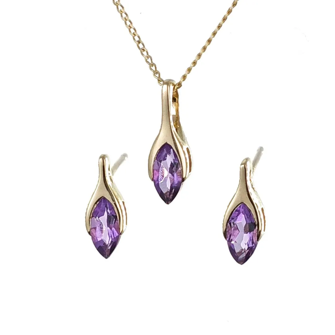 9ct Gold Set Amethyst Pendant Earrings Minimalist Marquise