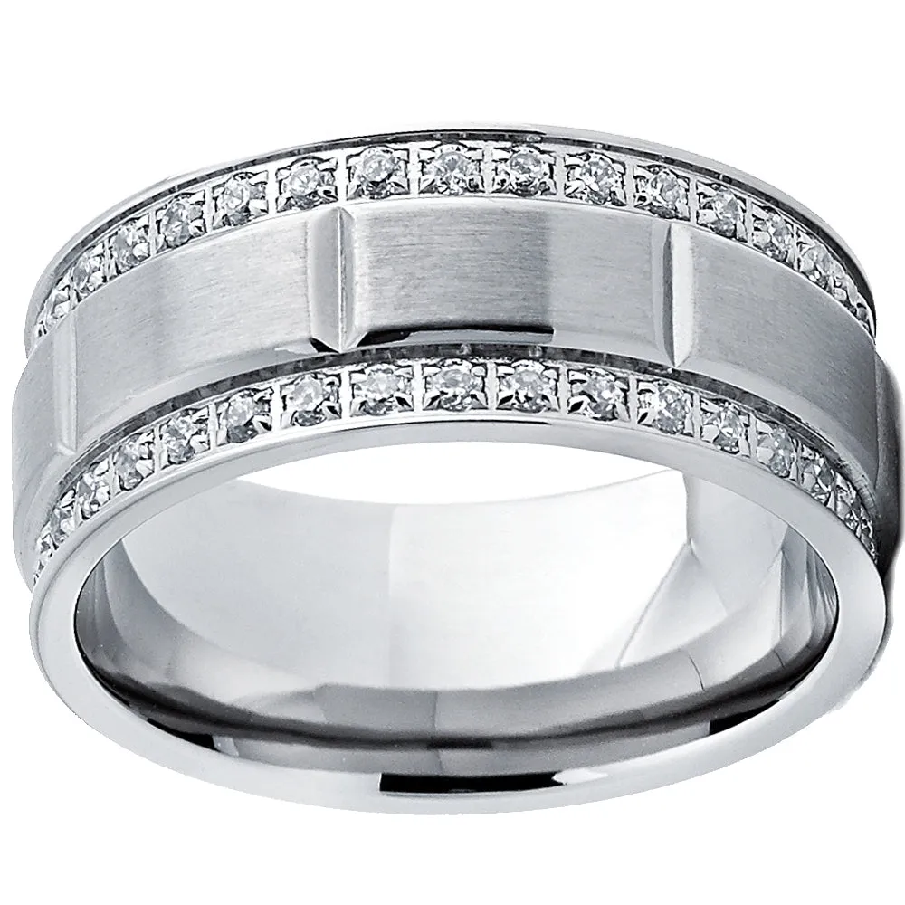 9MM Men's Titanium Wedding Band Ring with Double Row Cubic Zirconia, Comfort Fit Sizes 8 to 12