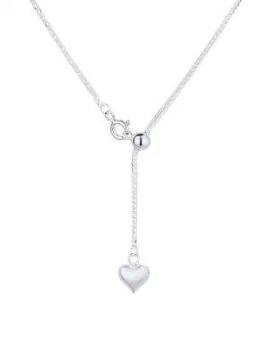 Adjustable Heart Necklace, .925 Sterling Silver 24" inch Lariat Heart Necklace
