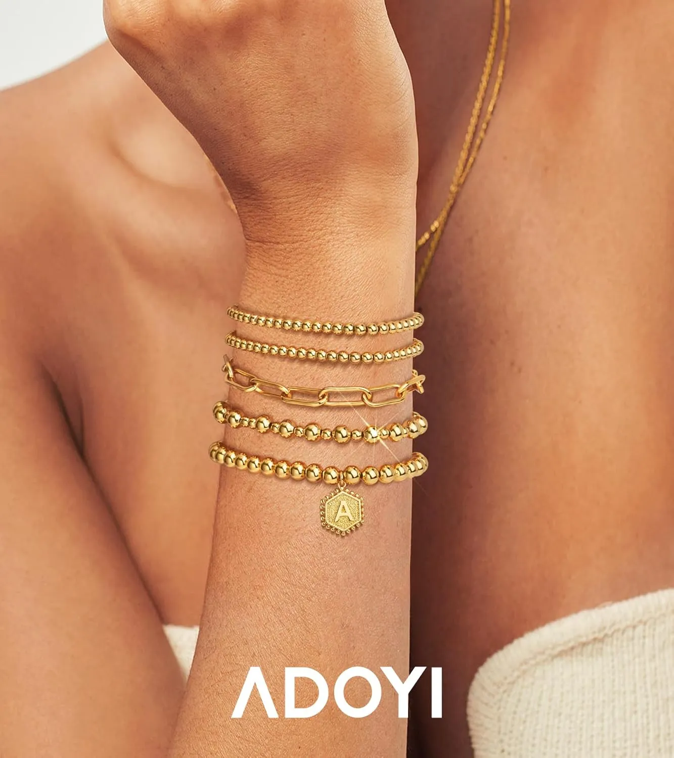 adoyi Gold Bracelets for Women Waterproof, 14K Gold Plated Beaded Strand Bead Ball Bracelets stack Adjustable Jewelry Set for Gifts