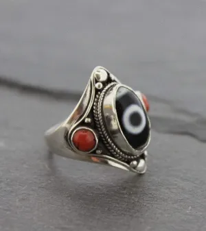 Agate Dzi and Coral ring