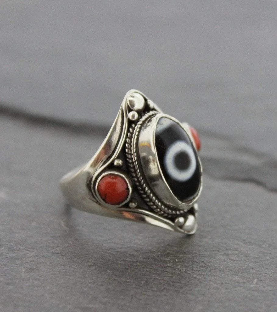 Agate Dzi and Coral ring