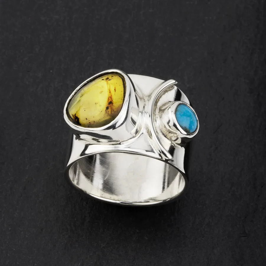 Amber and Turquoise Stone Wide Band Ring