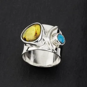 Amber and Turquoise Stone Wide Band Ring