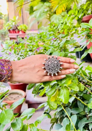 Amyara Oxidised Transparent Floral Adjustable Ring