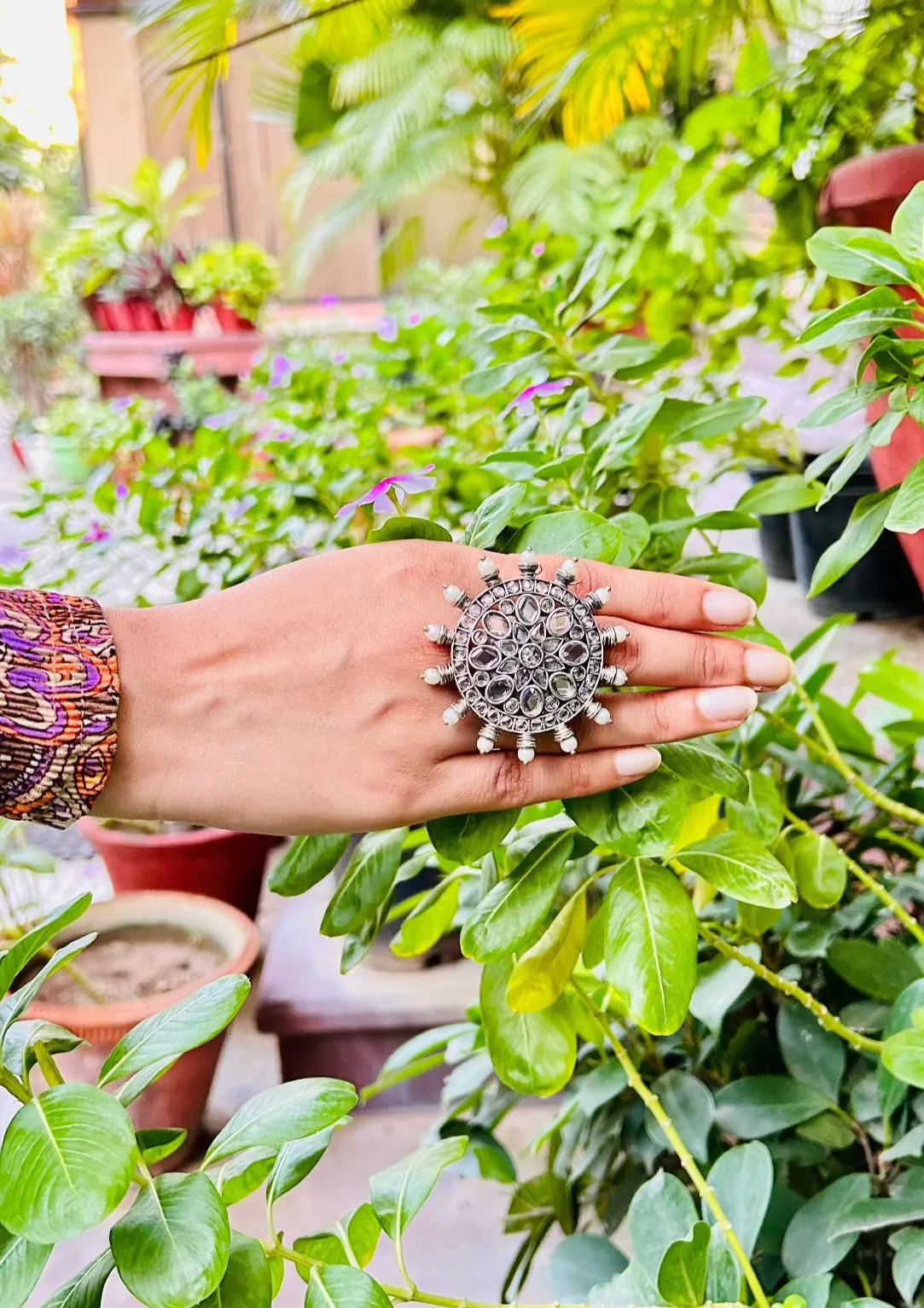 Amyara Oxidised Transparent Floral Adjustable Ring