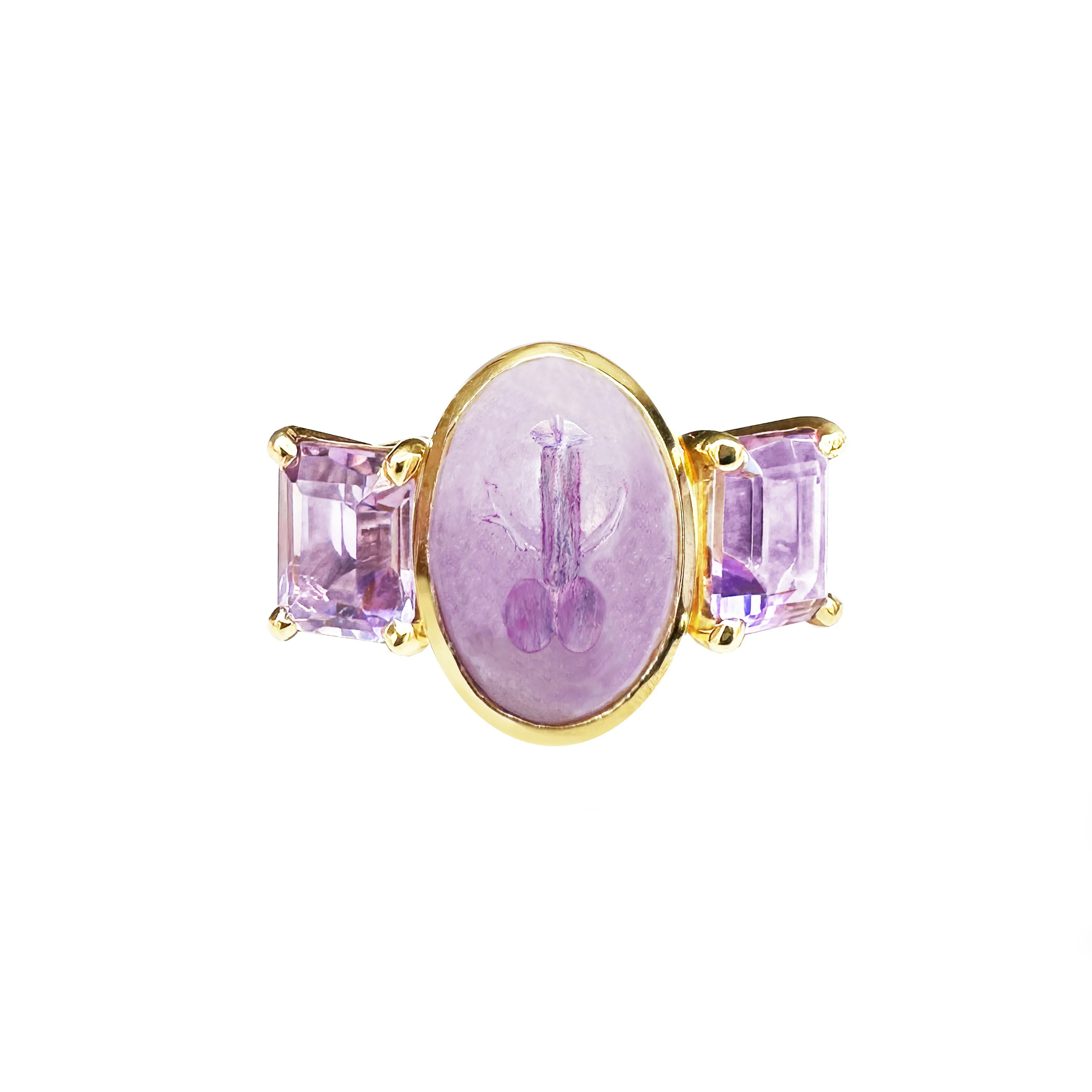 Authentic Ancient Roman Intaglio 1st-2nd century AD on Amethyst 18 Kt Gold ring depicting a winged Phallus