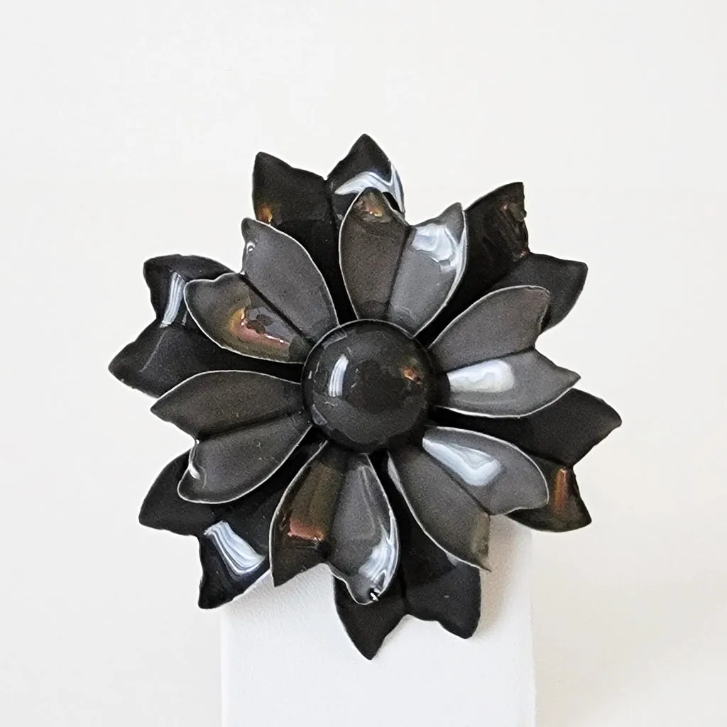 Black and Gray Enamel Flower Pin Vintage 60s