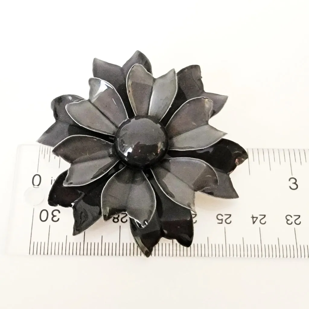 Black and Gray Enamel Flower Pin Vintage 60s